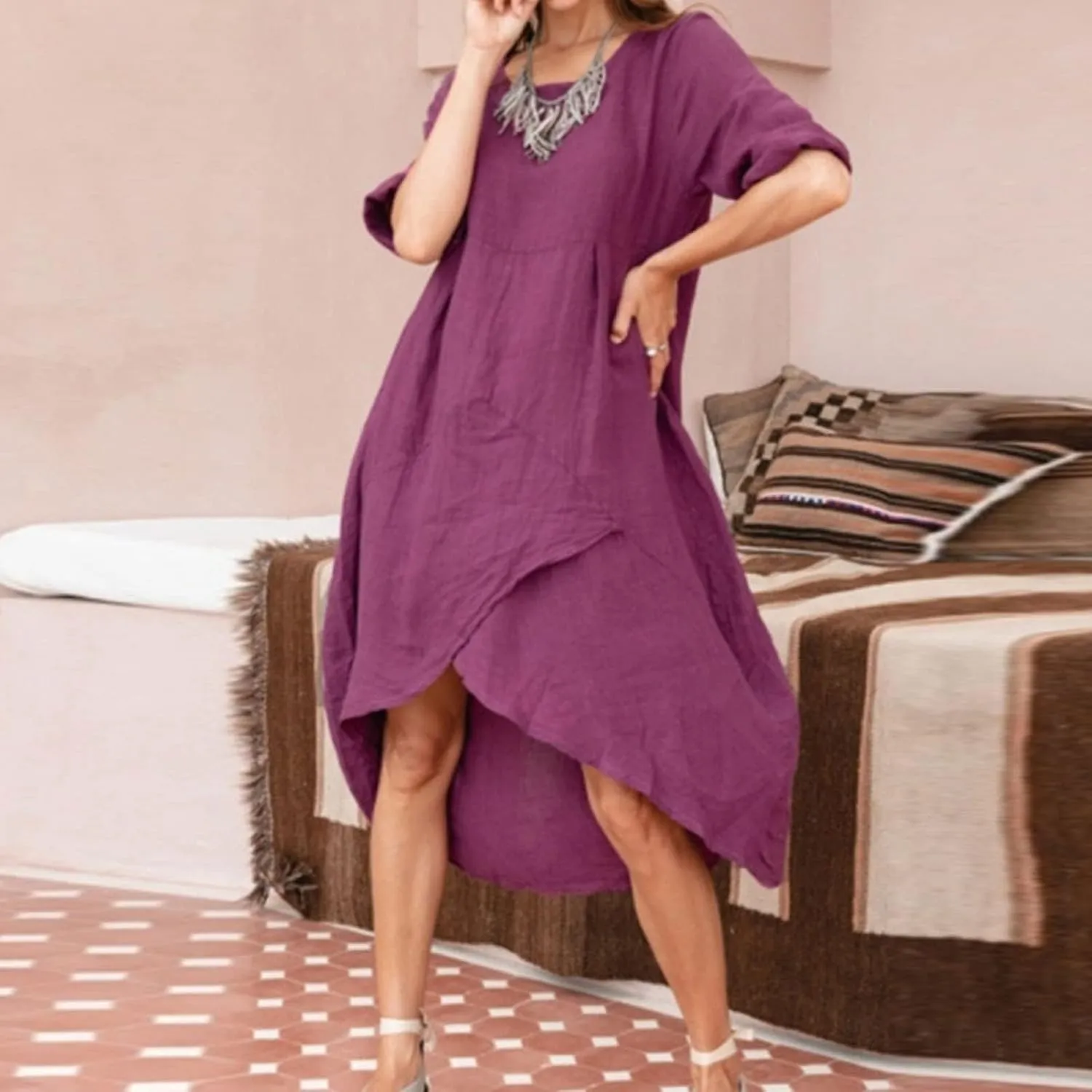 Linen Dresses for Women Casual Summer Maxi Dress Short Sleeve Boho Dress Plus Size Beach Vacation Sundress Clothes