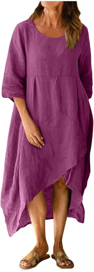 Linen Dresses for Women Casual Summer Maxi Dress Short Sleeve Boho Dress Plus Size Beach Vacation Sundress Clothes