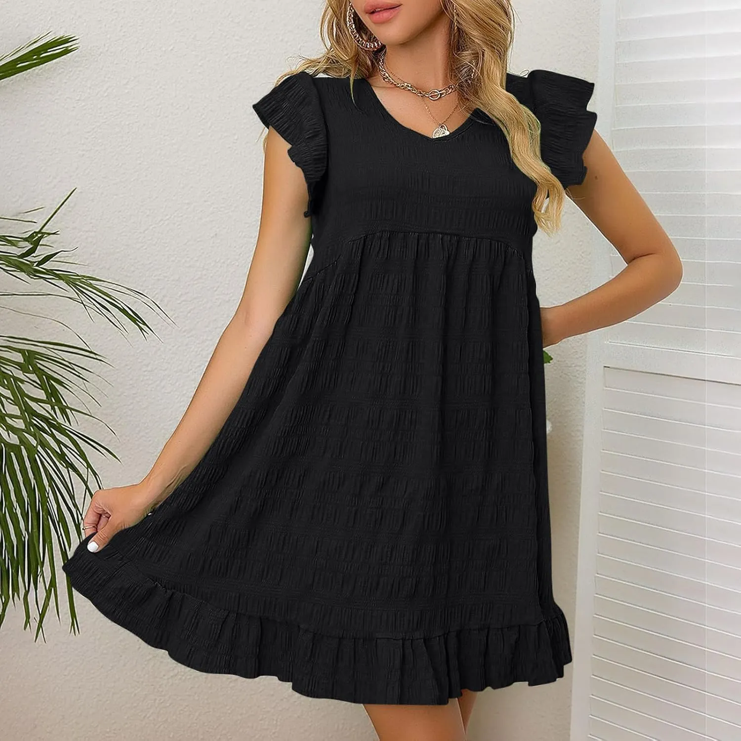 Lmdudan Summer Ruffle Cap Sleeve Mini Dress Women 2025 Spring Swing V Neck Vacation Beach Dress Cute Babydoll Short Sundress