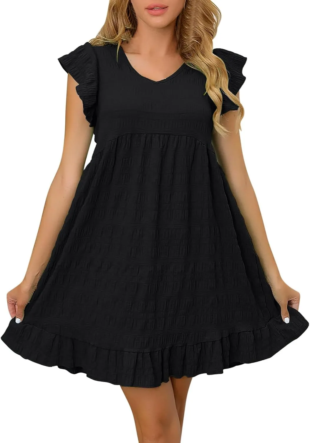Lmdudan Summer Ruffle Cap Sleeve Mini Dress Women 2025 Spring Swing V Neck Vacation Beach Dress Cute Babydoll Short Sundress