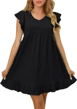 Lmdudan Summer Ruffle Cap Sleeve Mini Dress Women 2025 Spring Swing V Neck Vacation Beach Dress Cute Babydoll Short Sundress