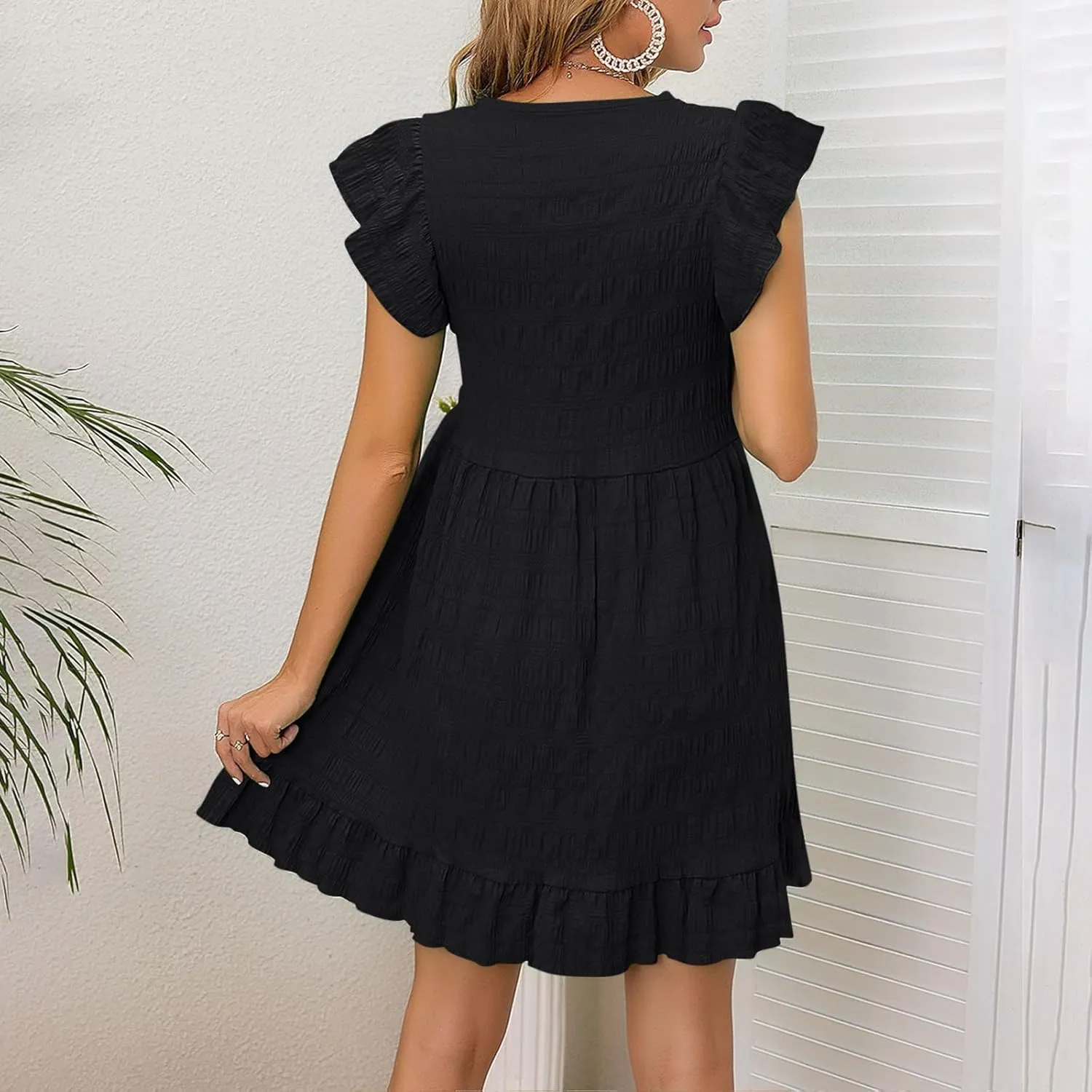 Lmdudan Summer Ruffle Cap Sleeve Mini Dress Women 2025 Spring Swing V Neck Vacation Beach Dress Cute Babydoll Short Sundress
