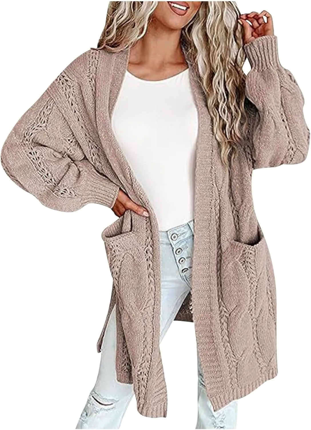Lmdudan Women's Open Front Long Cardigan Sweaters 2023 Fashion Solid Color Chunky Knit Cable Sweater Winter Coats with Pocket