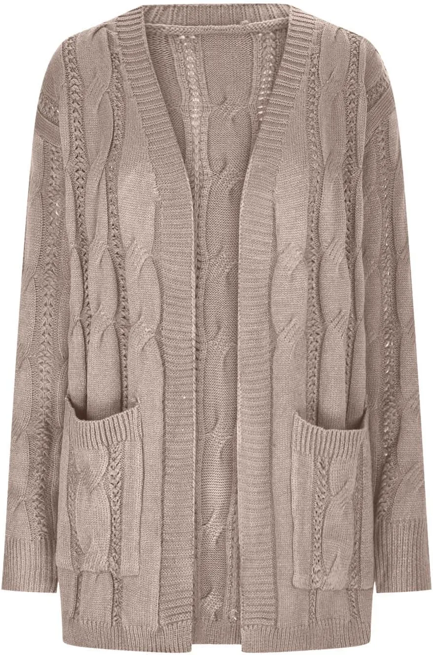 Lmdudan Women's Open Front Long Cardigan Sweaters 2023 Fashion Solid Color Chunky Knit Cable Sweater Winter Coats with Pocket