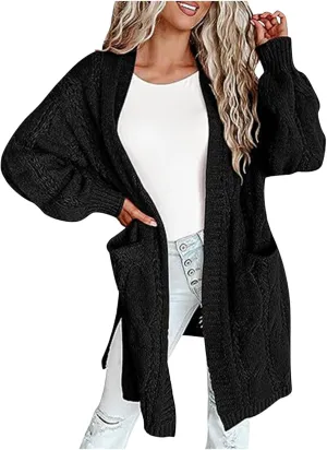 Lmdudan Women's Open Front Long Cardigan Sweaters 2023 Fashion Solid Color Chunky Knit Cable Sweater Winter Coats with Pocket