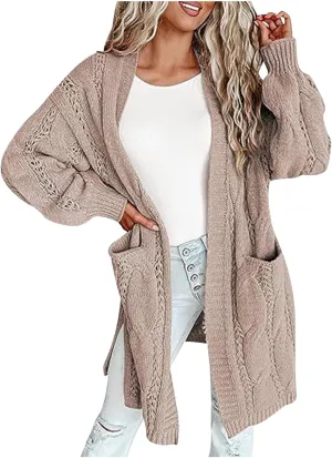 Lmdudan Women's Open Front Long Cardigan Sweaters 2023 Fashion Solid Color Chunky Knit Cable Sweater Winter Coats with Pocket