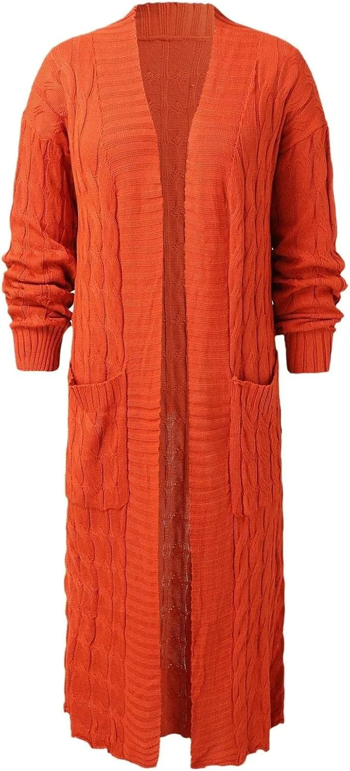 Long Cardigan for Women Long Sleeve Cable Knit Loose Plain Fall Winter Trench Coat with Pocket Autumn Ankle Length