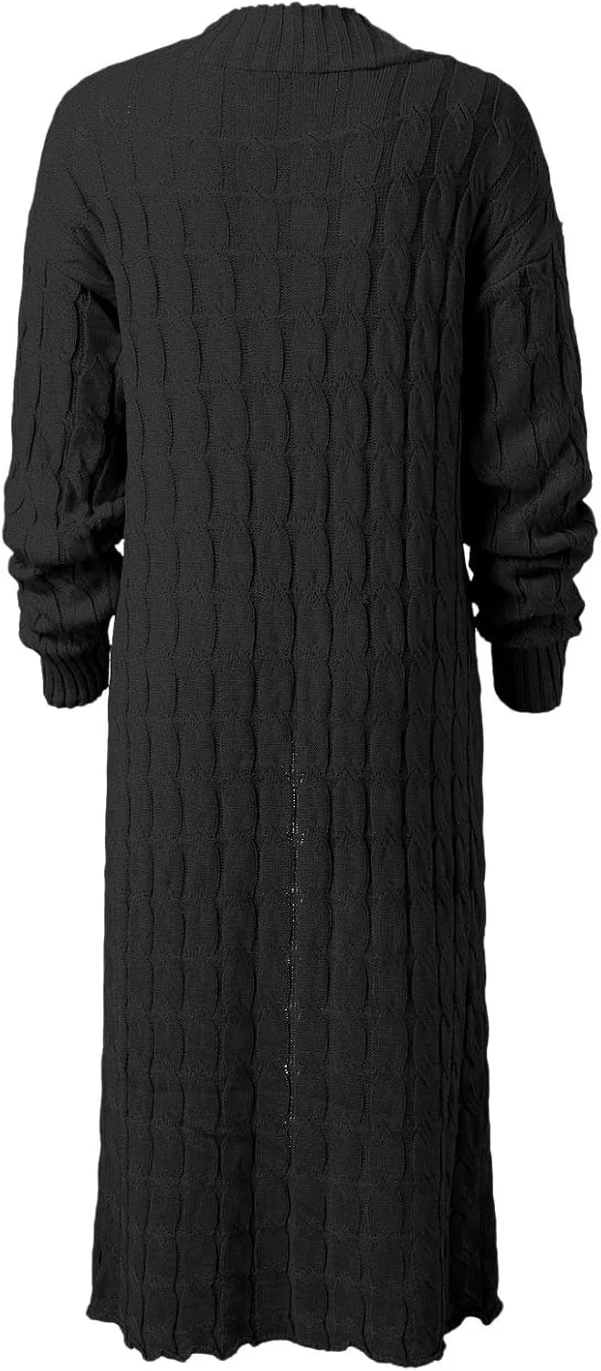 Long Cardigan for Women Long Sleeve Cable Knit Loose Plain Fall Winter Trench Coat with Pocket Autumn Ankle Length