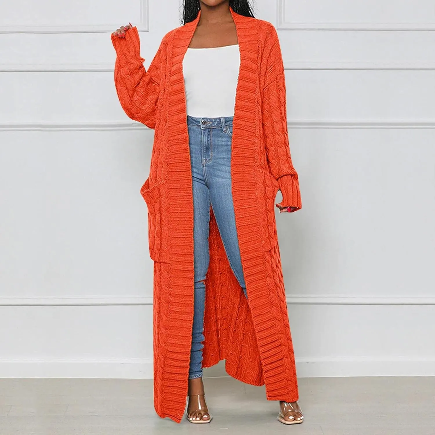 Long Cardigan for Women Long Sleeve Cable Knit Loose Plain Fall Winter Trench Coat with Pocket Autumn Ankle Length
