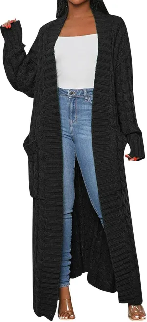 Long Cardigan for Women Long Sleeve Cable Knit Loose Plain Fall Winter Trench Coat with Pocket Autumn Ankle Length
