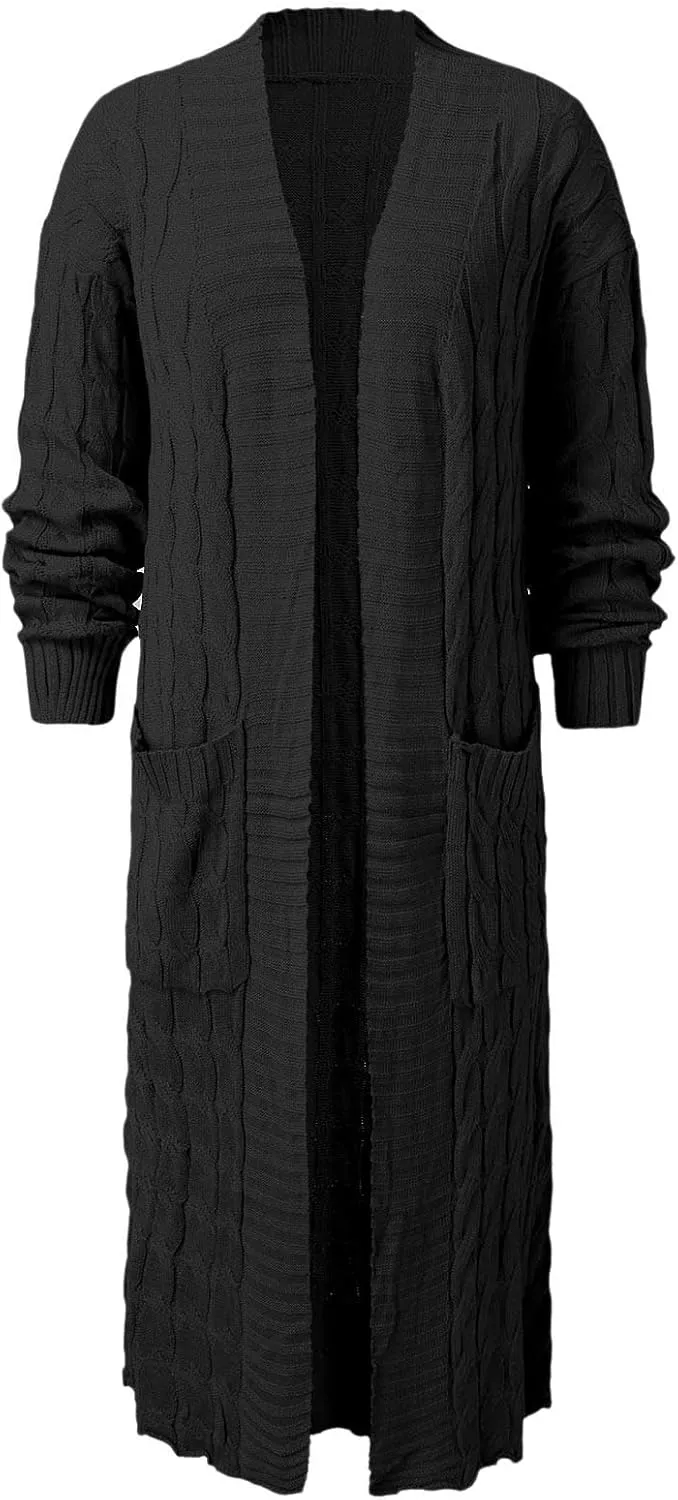 Long Cardigan for Women Long Sleeve Cable Knit Loose Plain Fall Winter Trench Coat with Pocket Autumn Ankle Length