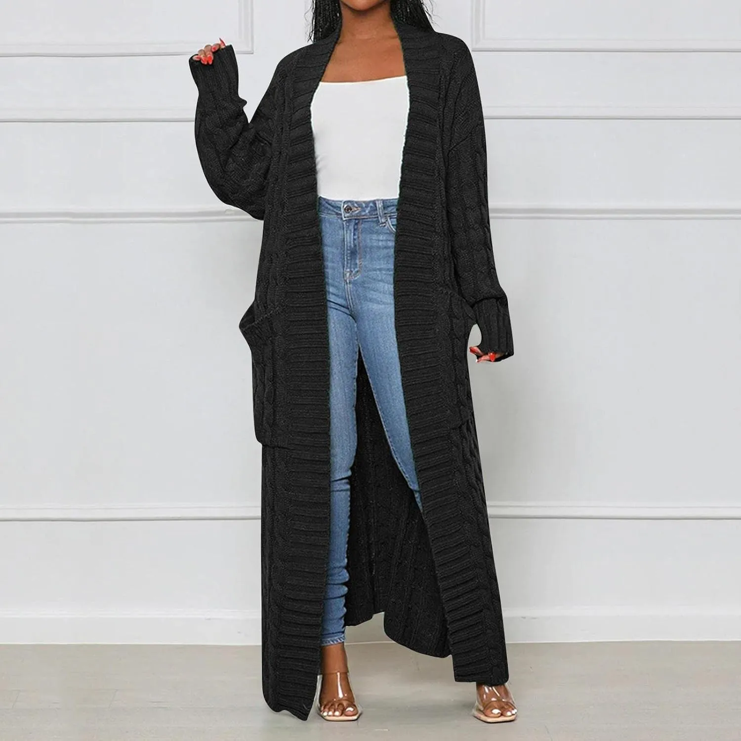 Long Cardigan for Women Long Sleeve Cable Knit Loose Plain Fall Winter Trench Coat with Pocket Autumn Ankle Length