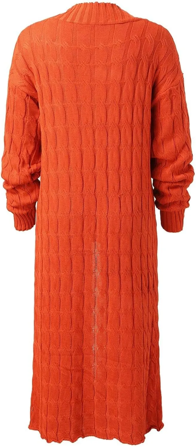 Long Cardigan for Women Long Sleeve Cable Knit Loose Plain Fall Winter Trench Coat with Pocket Autumn Ankle Length