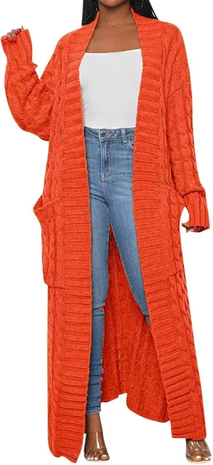 Long Cardigan for Women Long Sleeve Cable Knit Loose Plain Fall Winter Trench Coat with Pocket Autumn Ankle Length