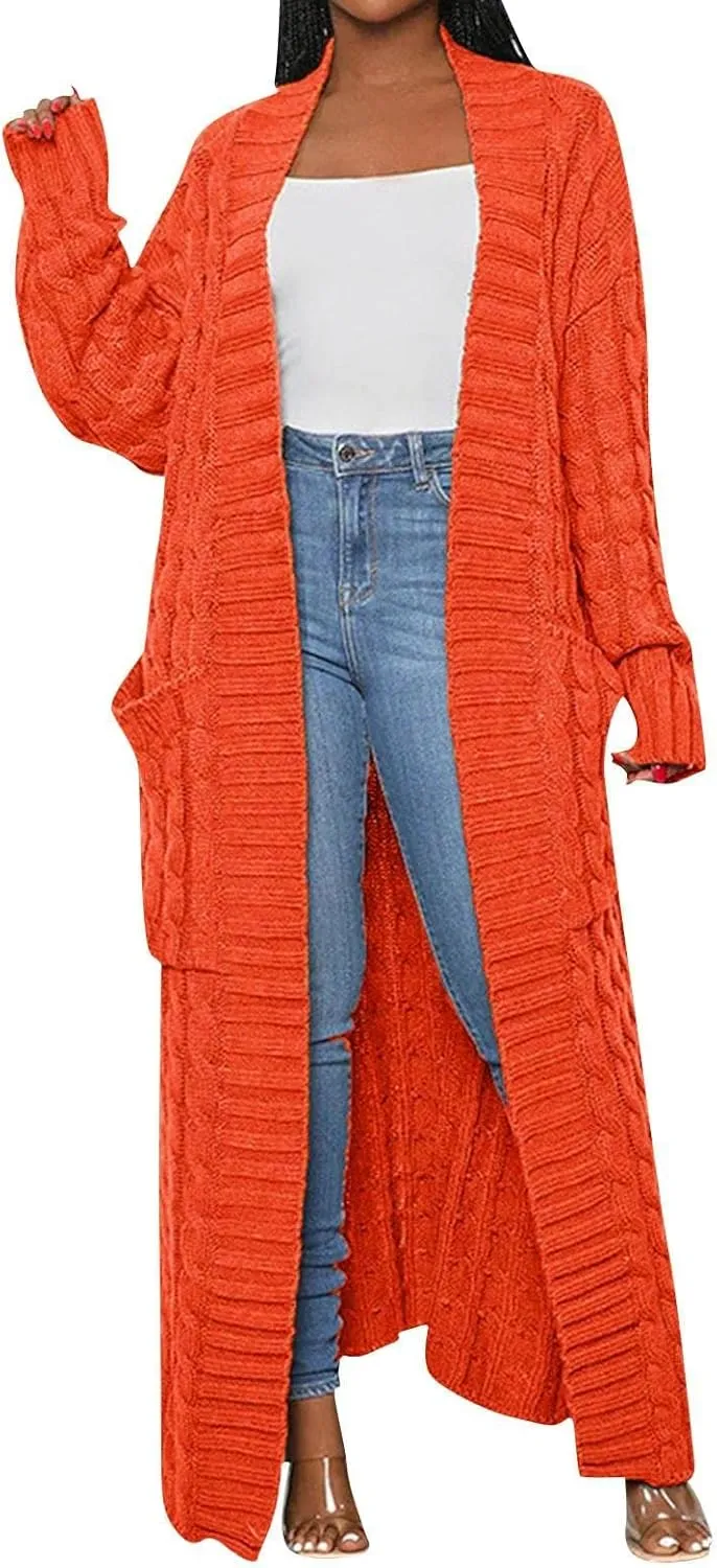 Long Cardigan for Women Long Sleeve Cable Knit Loose Plain Fall Winter Trench Coat with Pocket Autumn Ankle Length