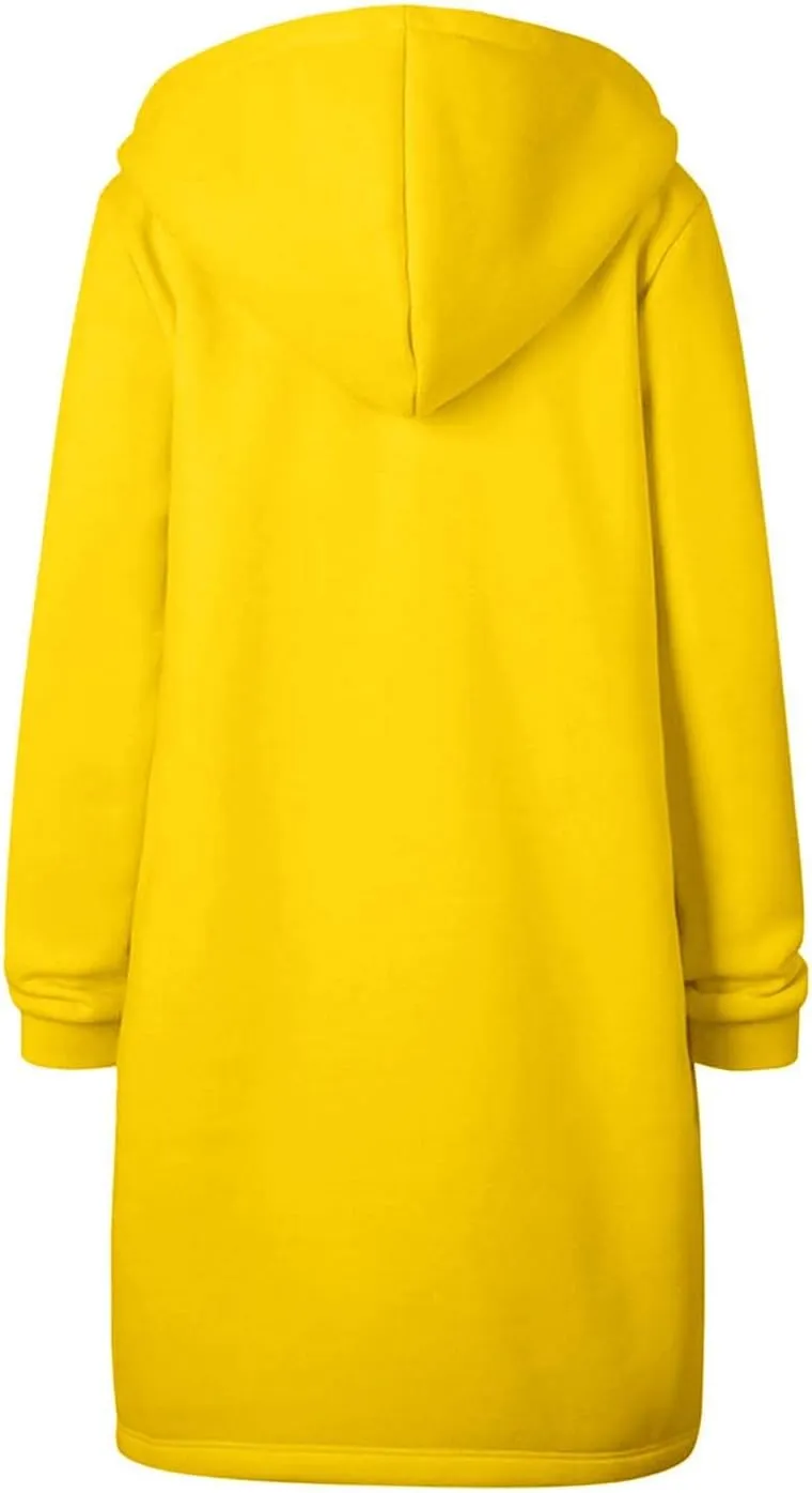 Long Jacket for Women Long Sleeve V Neck Full Zip Up Plain Trench Hooded Coat with Pocket Casual Knee Length Autumn Winter