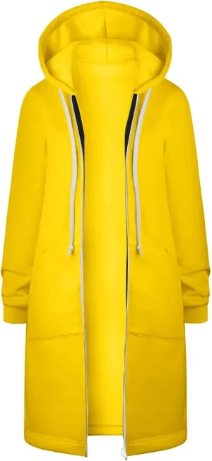Long Jacket for Women Long Sleeve V Neck Full Zip Up Plain Trench Hooded Coat with Pocket Casual Knee Length Autumn Winter