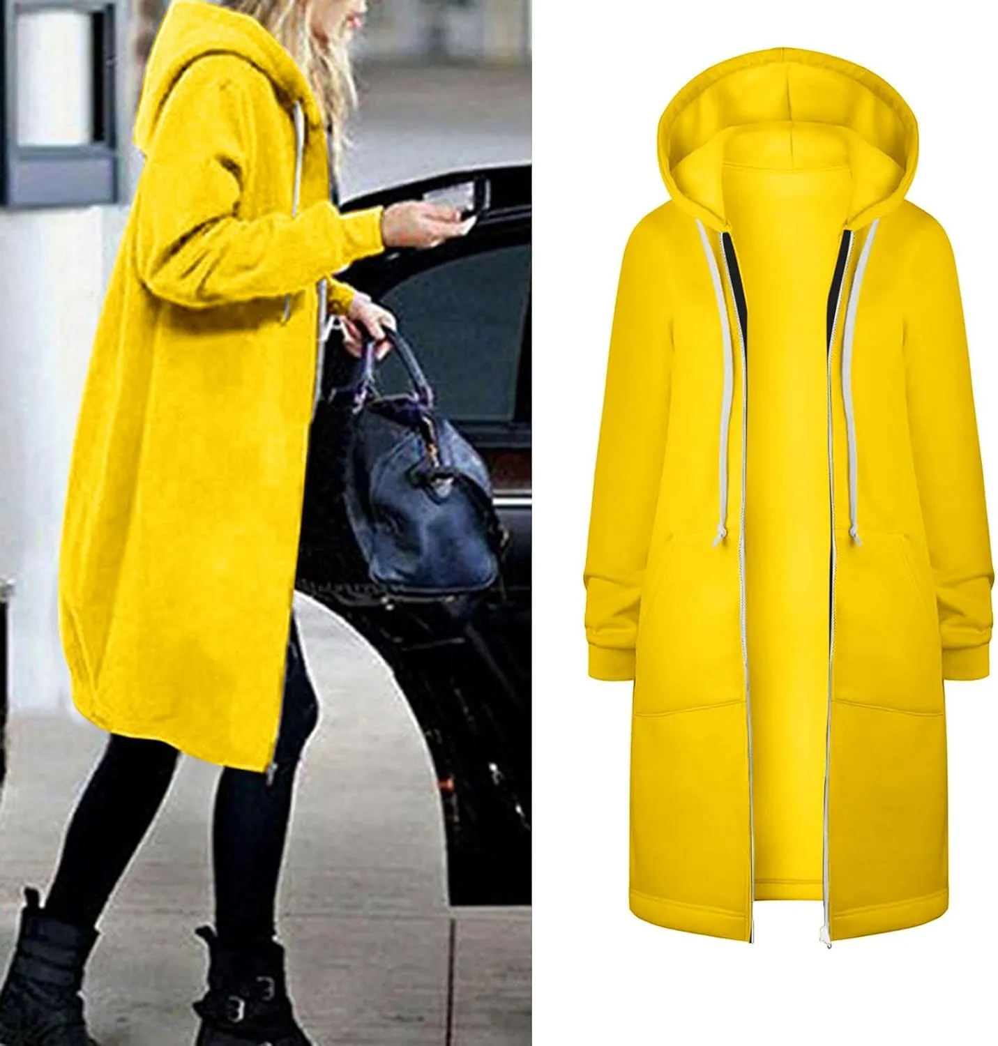 Long Jacket for Women Long Sleeve V Neck Full Zip Up Plain Trench Hooded Coat with Pocket Casual Knee Length Autumn Winter