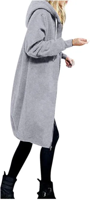 Long Jacket for Women Long Sleeve V Neck Full Zip Up Plain Trench Hooded Coat with Pocket Fleece Autumn Casual Winter Loose
