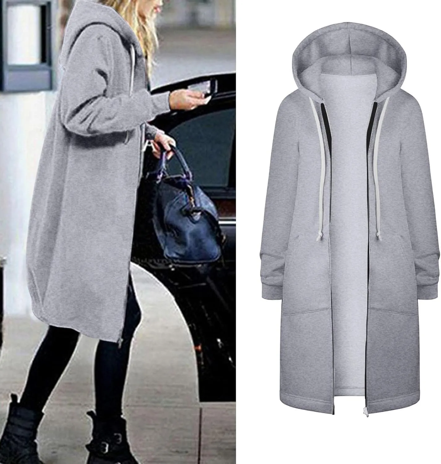 Long Jacket for Women Long Sleeve V Neck Full Zip Up Plain Trench Hooded Coat with Pocket Fleece Autumn Casual Winter Loose