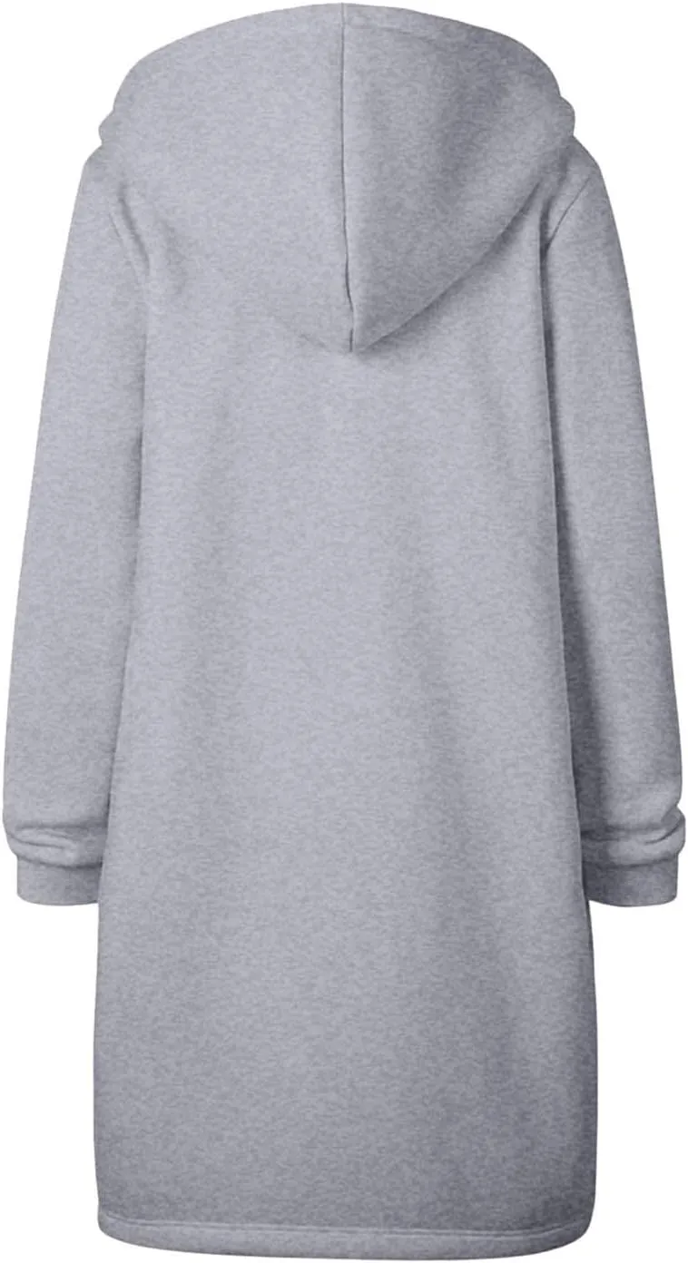 Long Jacket for Women Long Sleeve V Neck Full Zip Up Plain Trench Hooded Coat with Pocket Fleece Autumn Casual Winter Loose