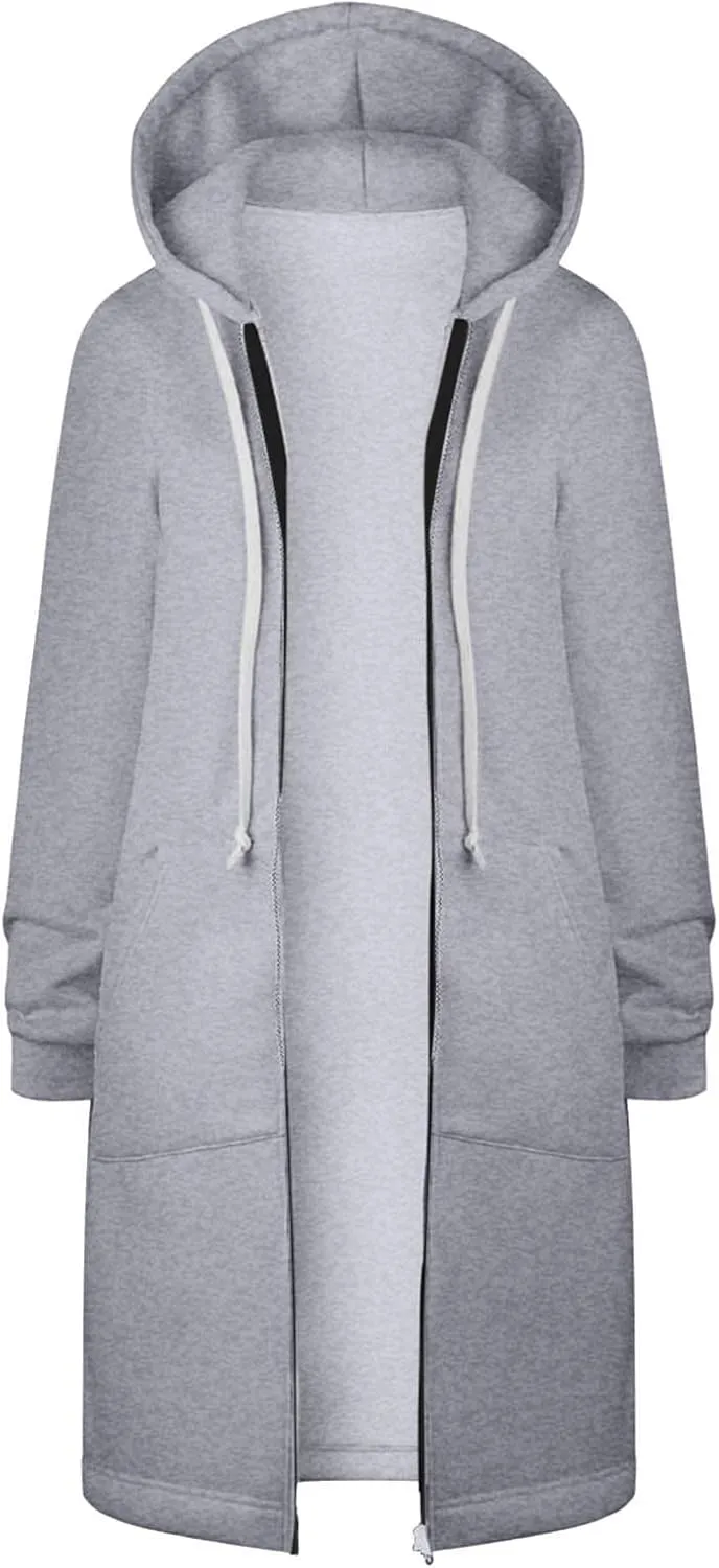 Long Jacket for Women Long Sleeve V Neck Full Zip Up Plain Trench Hooded Coat with Pocket Fleece Autumn Casual Winter Loose