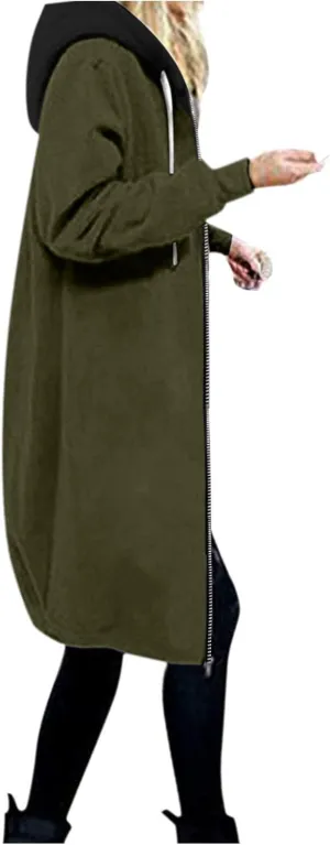 Long Jacket for Women Long Sleeve V Neck Full Zip Up Plain Trench Hooded Coat with Pocket Outerwear Fleece Zipper Autumn