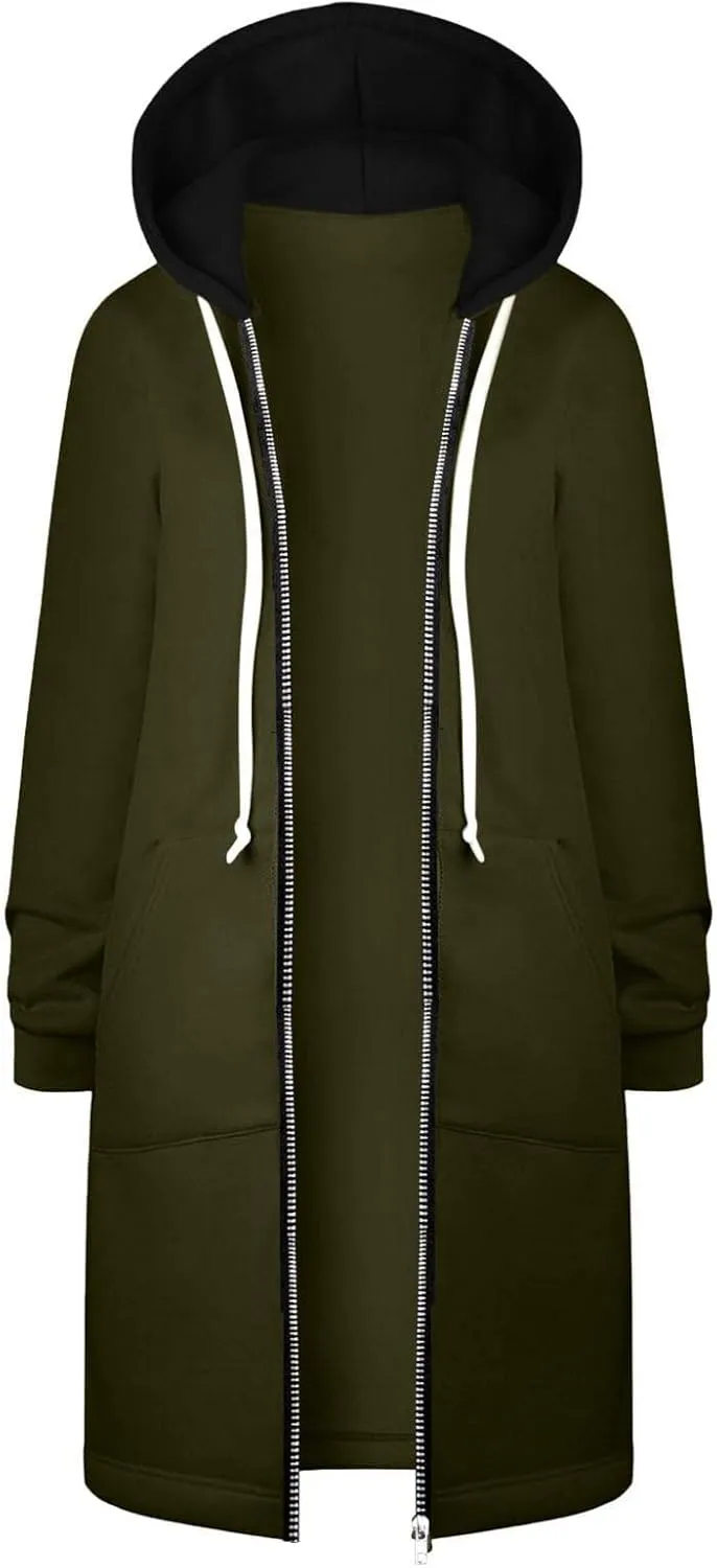 Long Jacket for Women Long Sleeve V Neck Full Zip Up Plain Trench Hooded Coat with Pocket Outerwear Fleece Zipper Autumn