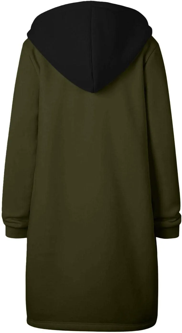 Long Jacket for Women Long Sleeve V Neck Full Zip Up Plain Trench Hooded Coat with Pocket Outerwear Fleece Zipper Autumn