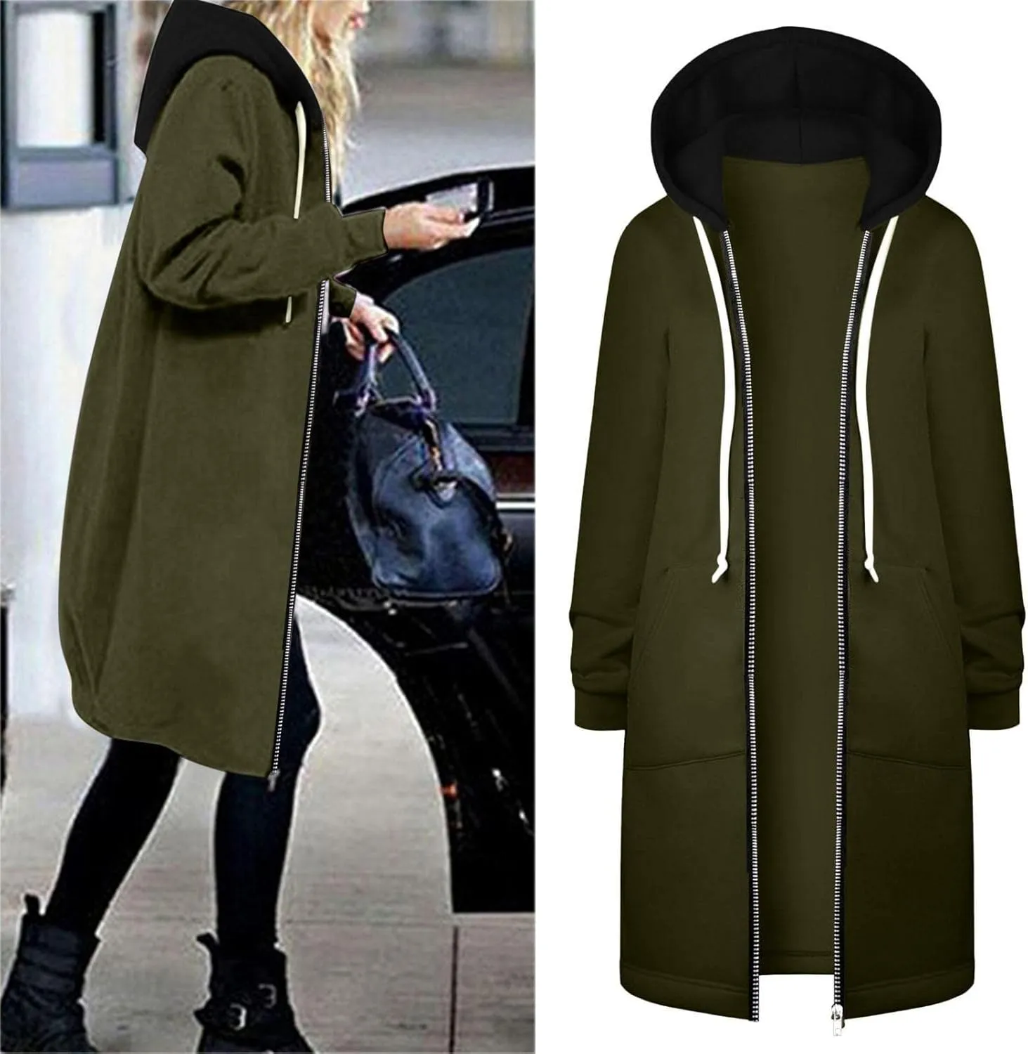 Long Jacket for Women Long Sleeve V Neck Full Zip Up Plain Trench Hooded Coat with Pocket Outerwear Fleece Zipper Autumn