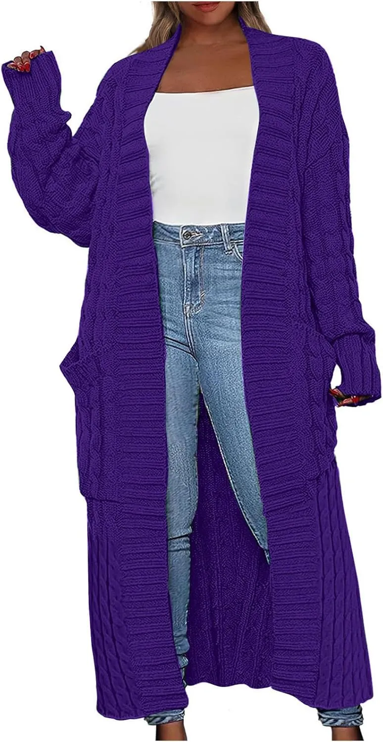Long Open Front Cardigan for Women Cable Knit Sweaters Chunky Pocketed Casual Loose Mid Length Sweater Coats
