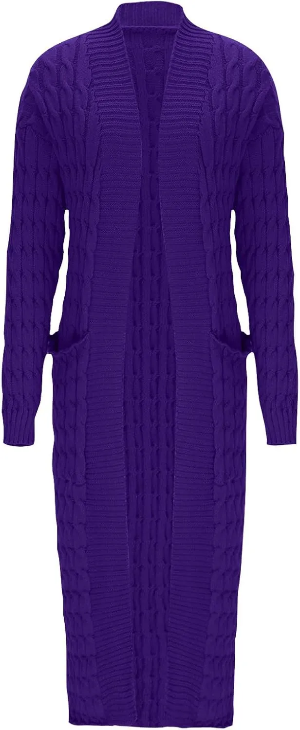 Long Open Front Cardigan for Women Cable Knit Sweaters Chunky Pocketed Casual Loose Mid Length Sweater Coats