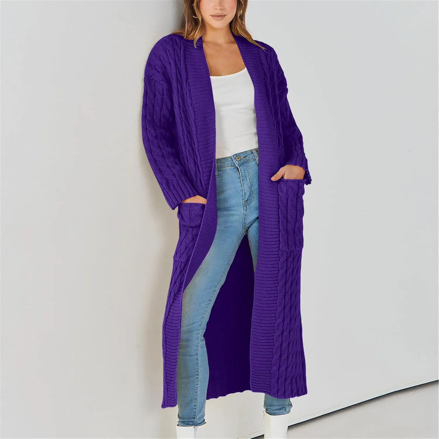 Long Open Front Cardigan for Women Cable Knit Sweaters Chunky Pocketed Casual Loose Mid Length Sweater Coats