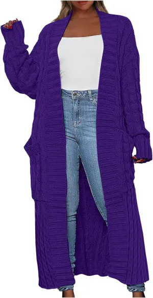 Long Open Front Cardigan for Women Cable Knit Sweaters Chunky Pocketed Casual Loose Mid Length Sweater Coats