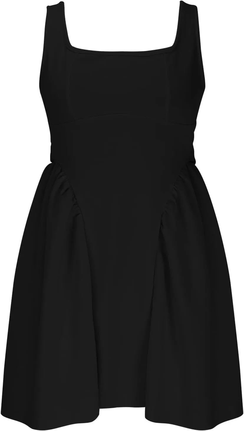 Loose Square Neck Sleeveless Dress for Women Casual Mini Pleated Summer Backless Bowtie Daily Patchwork Chic Party
