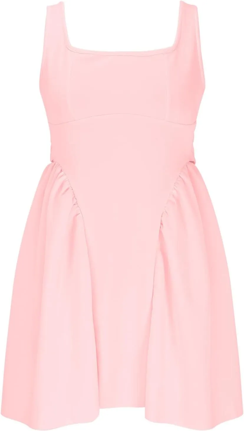 Loose Square Neck Sleeveless Dress for Women Casual Mini Pleated Summer Backless Bowtie Daily Patchwork Chic Party