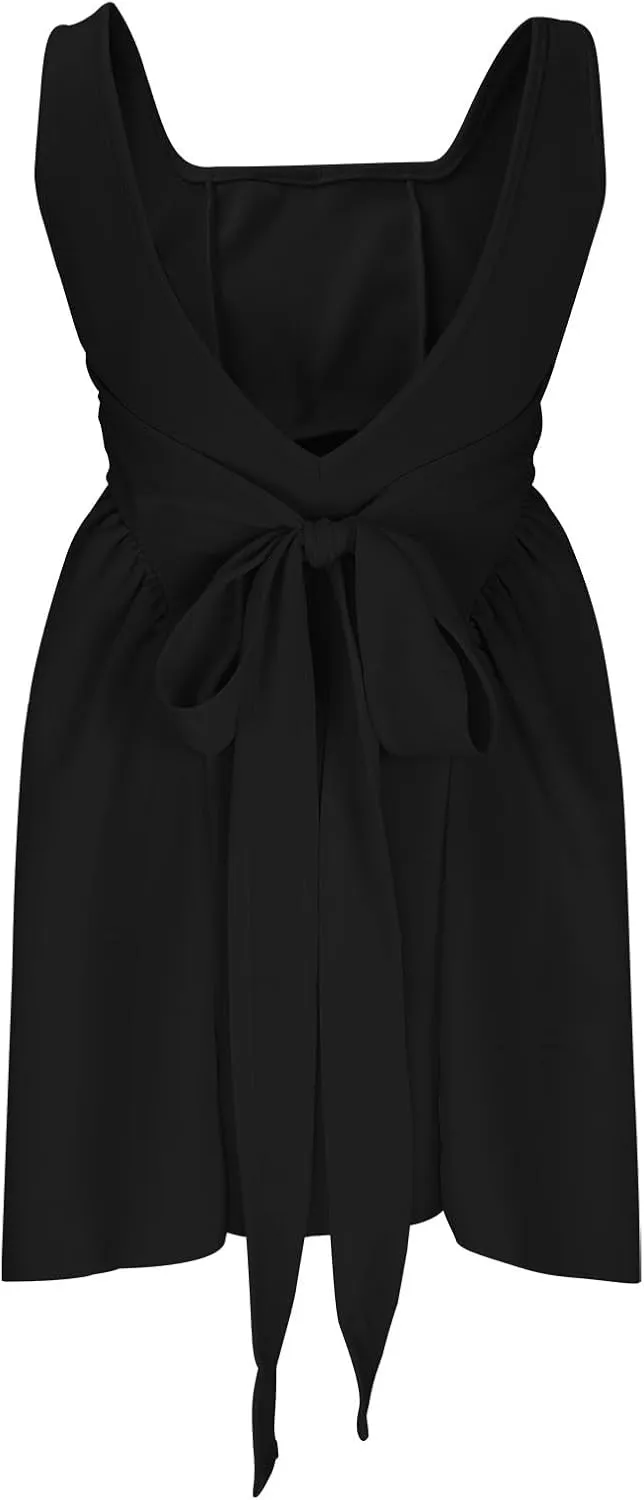 Loose Square Neck Sleeveless Dress for Women Casual Mini Pleated Summer Backless Bowtie Daily Patchwork Chic Party