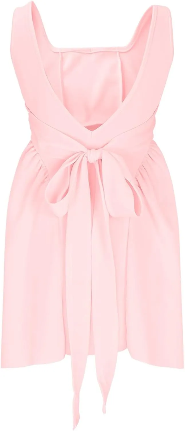 Loose Square Neck Sleeveless Dress for Women Casual Mini Pleated Summer Backless Bowtie Daily Patchwork Chic Party
