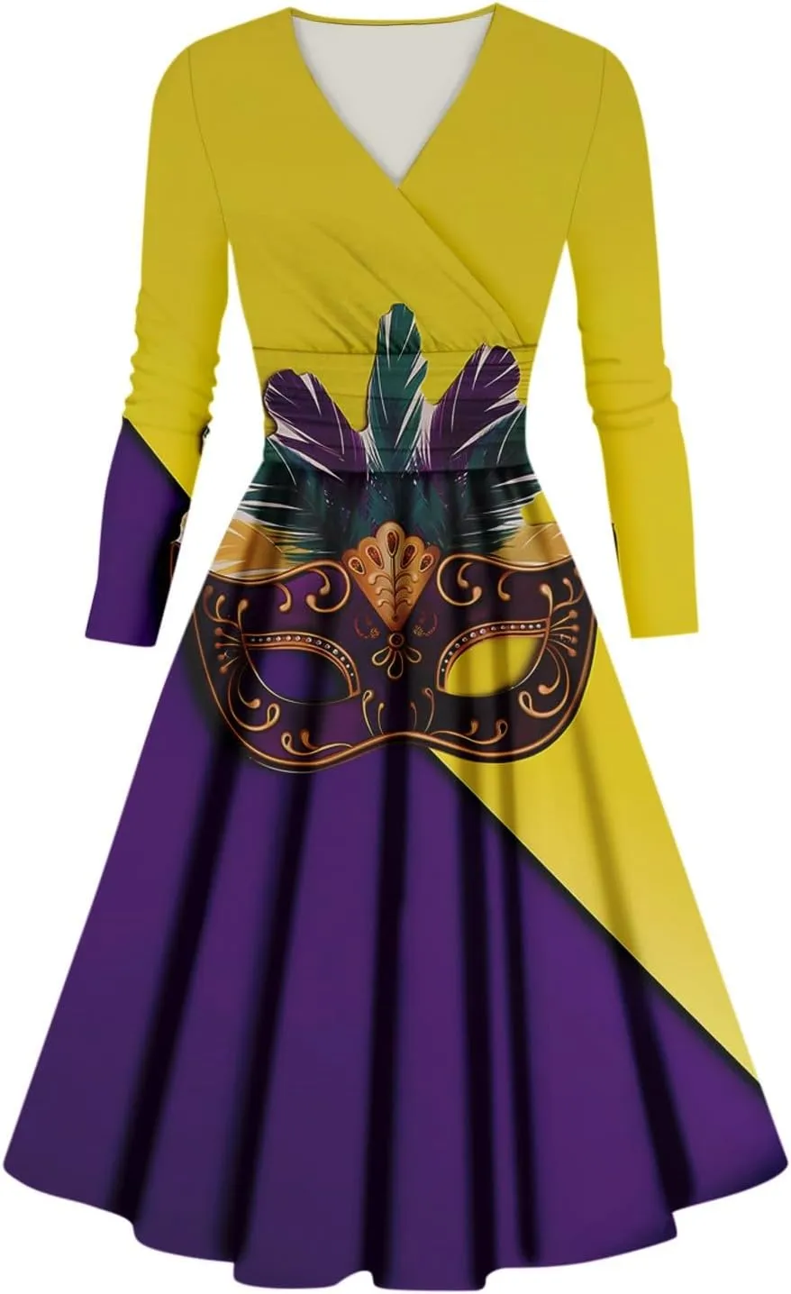 Mardi Gras Dress for Women V Neck Long Sleeve Carnival Printed Empire Waist Wrap Pleated Midi Dresses