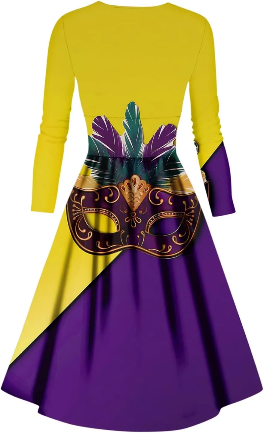 Mardi Gras Dress for Women V Neck Long Sleeve Carnival Printed Empire Waist Wrap Pleated Midi Dresses