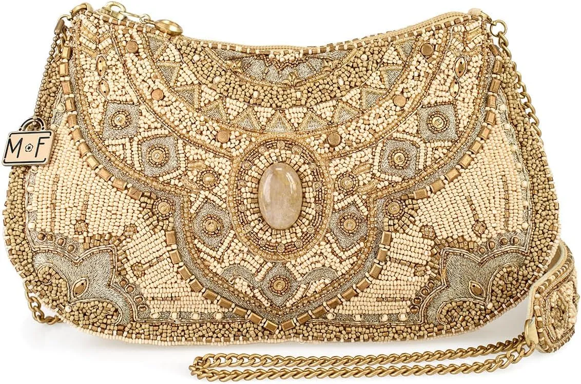 Mary Frances Sand Dune Beaded Crossbody Handbag with Medallion Motif Novelty Evening Clutch Bag, Tan