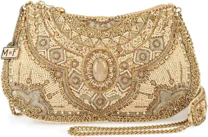 Mary Frances Sand Dune Beaded Crossbody Handbag with Medallion Motif Novelty Evening Clutch Bag, Tan