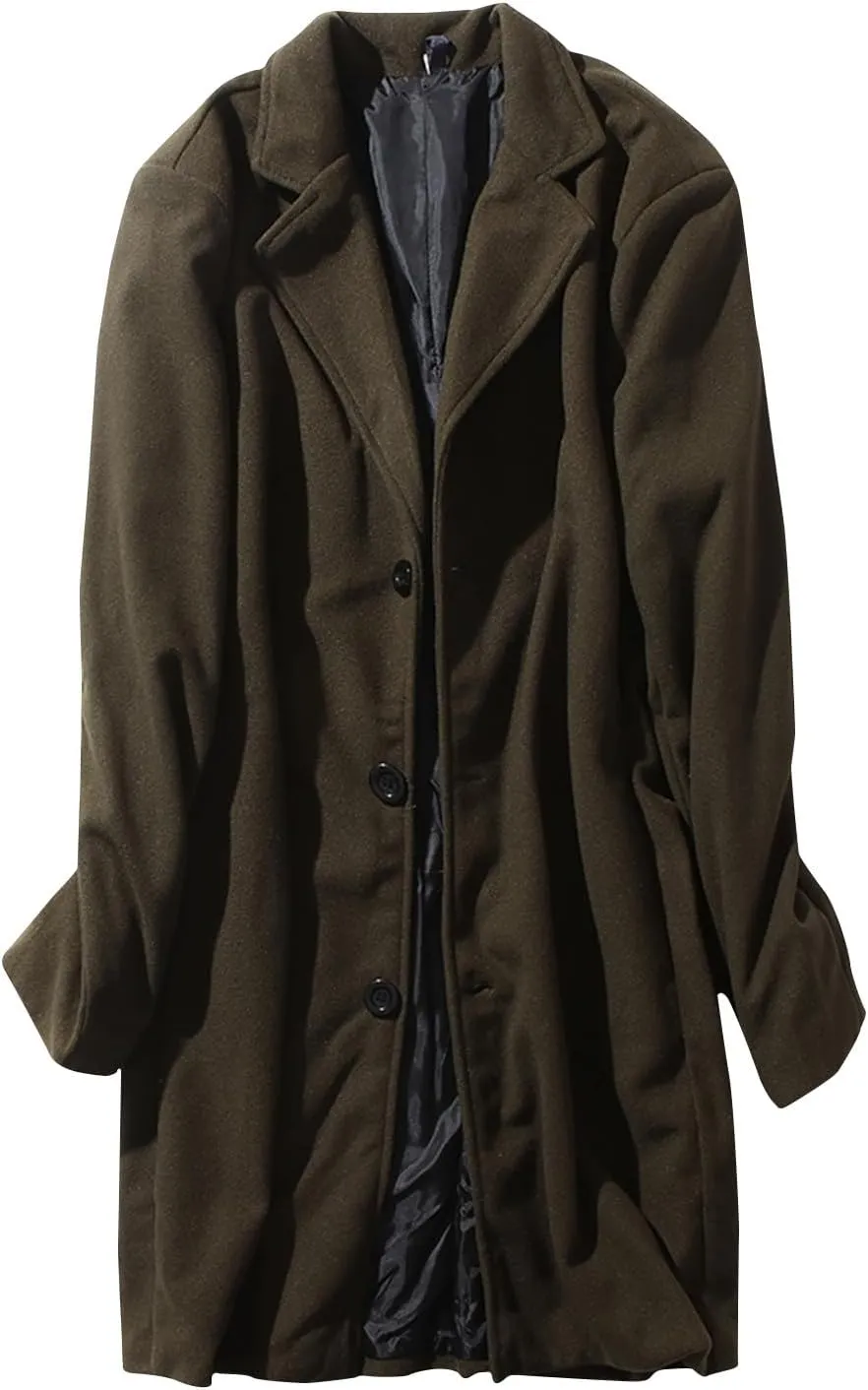 Mens Button Wool Blend Overcoat Jacket Lapel Solid Color Long Sleeve Warm Mid Length Coat Fashion Elegant Coat