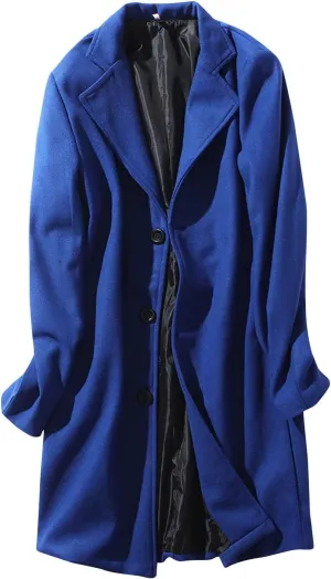 Mens Button Wool Blend Overcoat Jacket Lapel Solid Color Long Sleeve Warm Mid Length Coat Fashion Elegant Coat