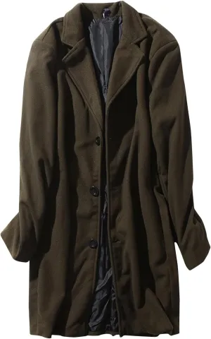 Mens Button Wool Blend Overcoat Jacket Lapel Solid Color Long Sleeve Warm Mid Length Coat Fashion Elegant Coat