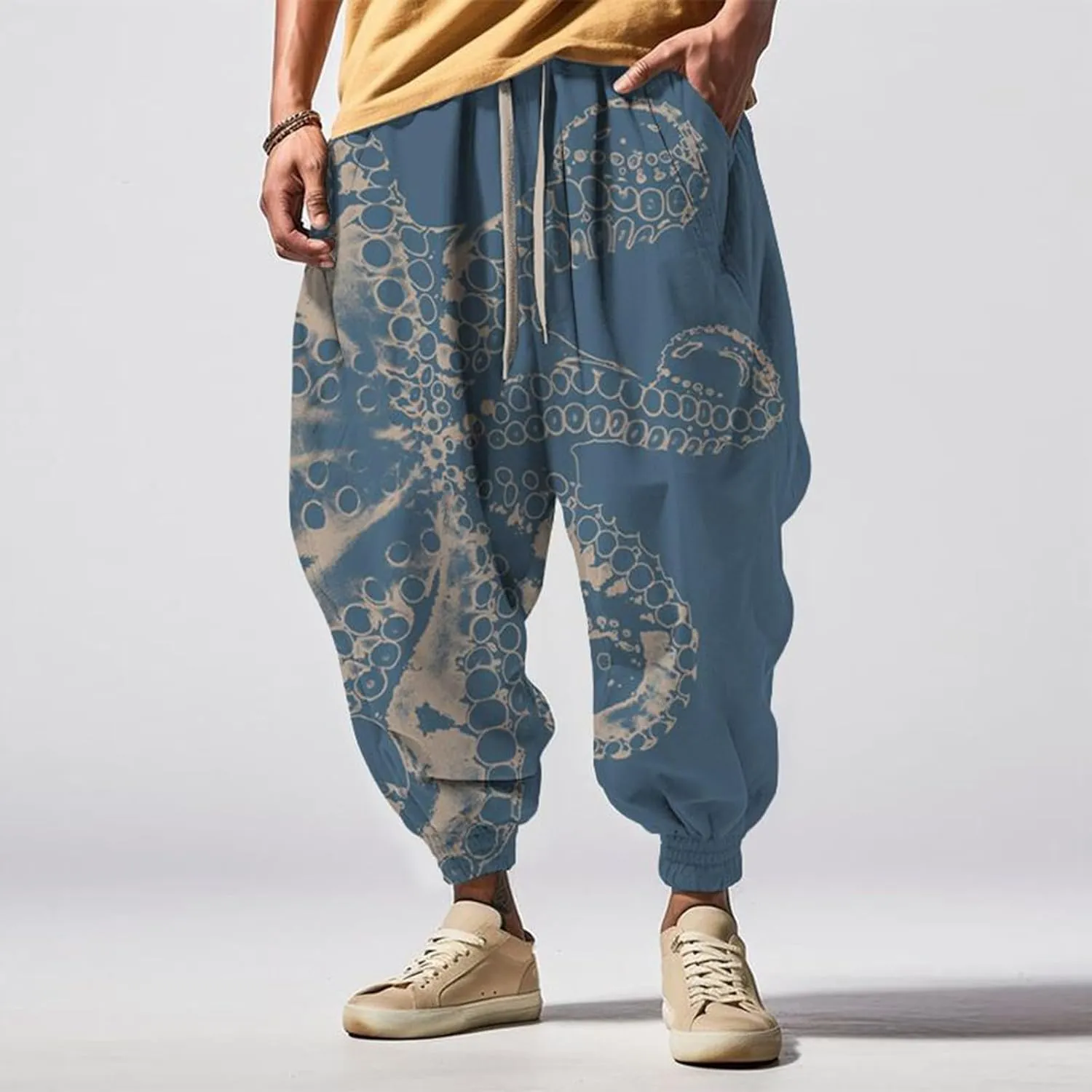 Mens Casual Hip Hop Cinch Bottom Harem Pants Funny Pattern Hippie Aladdin Dance Pants Oversized Yoga Peasant Trousers
