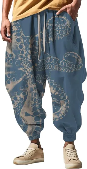 Mens Casual Hip Hop Cinch Bottom Harem Pants Funny Pattern Hippie Aladdin Dance Pants Oversized Yoga Peasant Trousers