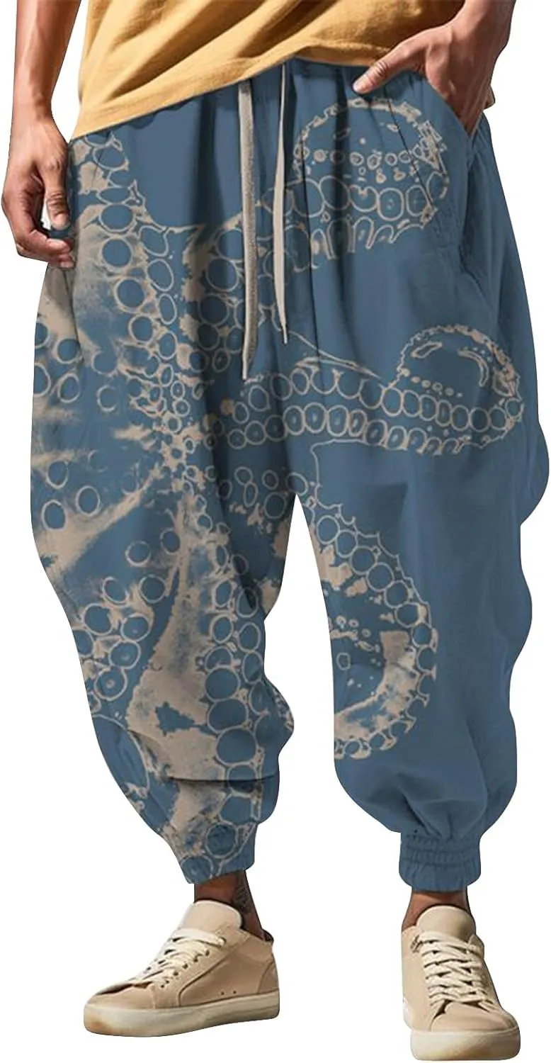 Mens Casual Hip Hop Cinch Bottom Harem Pants Funny Pattern Hippie Aladdin Dance Pants Oversized Yoga Peasant Trousers