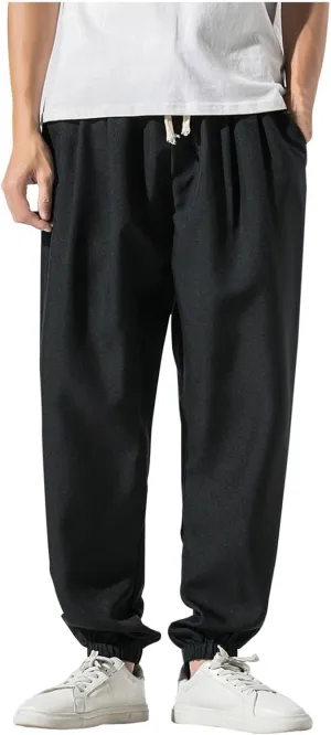 Mens Casual Pants Linen Pants Summer Beach Trousers Drawstring Yoga Pants Soft Elastic Waist Pants