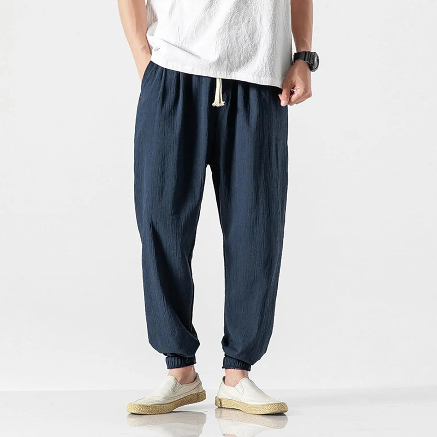 Mens Linen Pants Casual Pants Relaxed-Fit Beach Pants Summer Yoga Pants Soft Elastic Waist Pants
